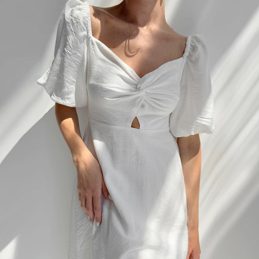 Women's Square Neck Slim Puff Sleeve A-line Dress