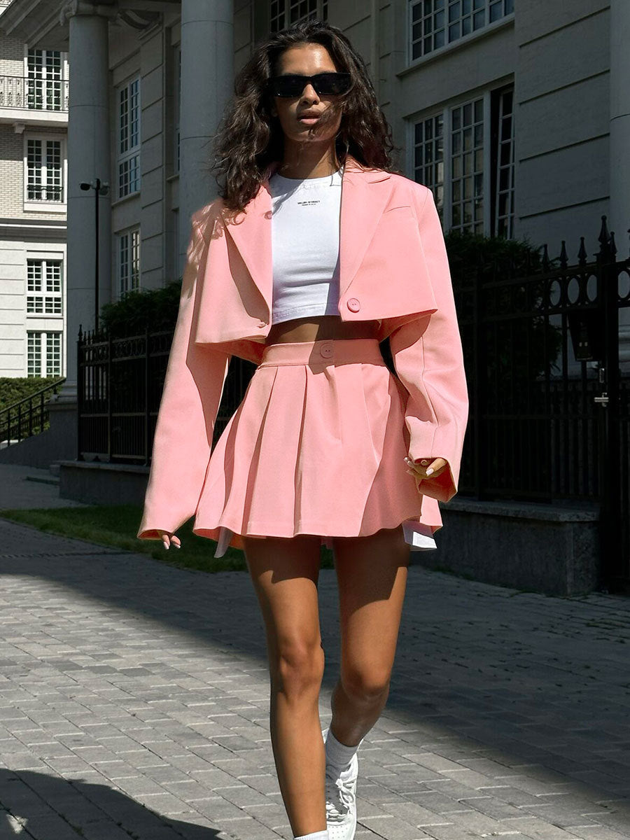 Fashion Sexy Blazer Mini Skirt Set, Shoulder Pad Blazer + Ultra-Short Pleated Skirt