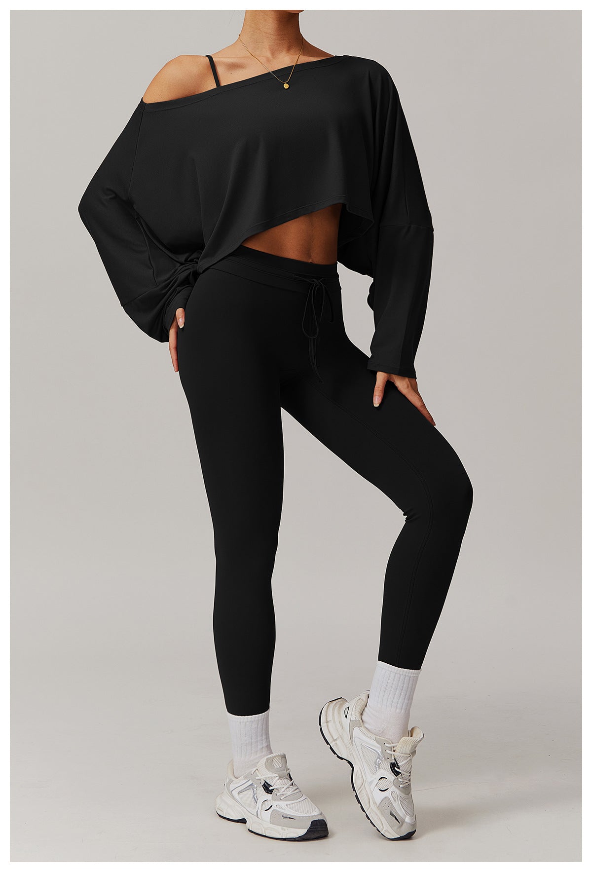 Women's Off-Shoulder Batwing Sleeve Fitness Top – Summer Long Sleeve Yoga Pullover
