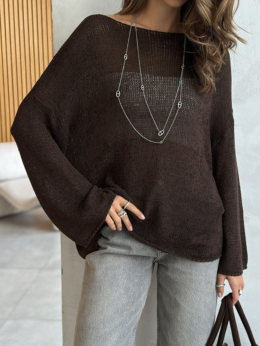 Women's Spring Summer Solid Color Knit Sweater – Loose Fit Long Sleeve Pullover with Hollow-Out and Draped Hem