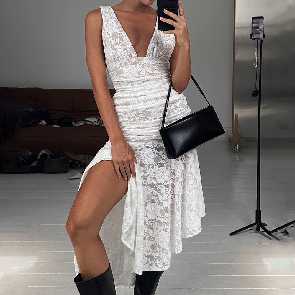 Summer Women's Solid Lace V-Neck Backless Asymmetrical Maxi Dress