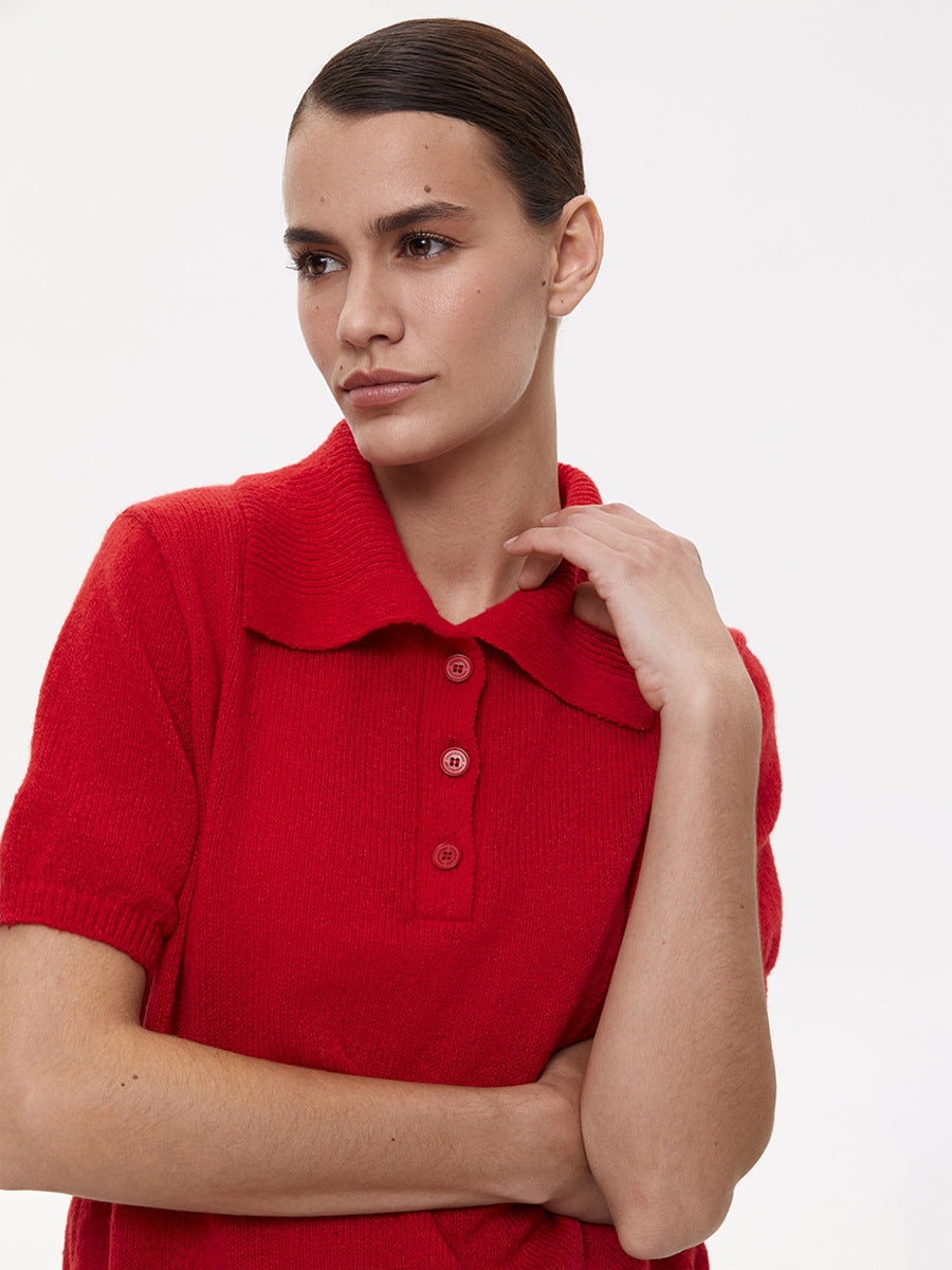 Women’s Spring Summer Mohair Knit T-Shirt Sweater – Short Puff Sleeve Polo Collar Lightweight Top