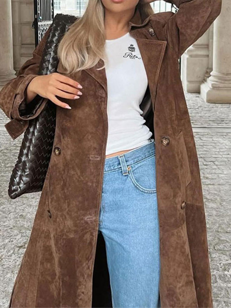 Women's Brown Belted Waist Elegant Double-Breasted Long Coat