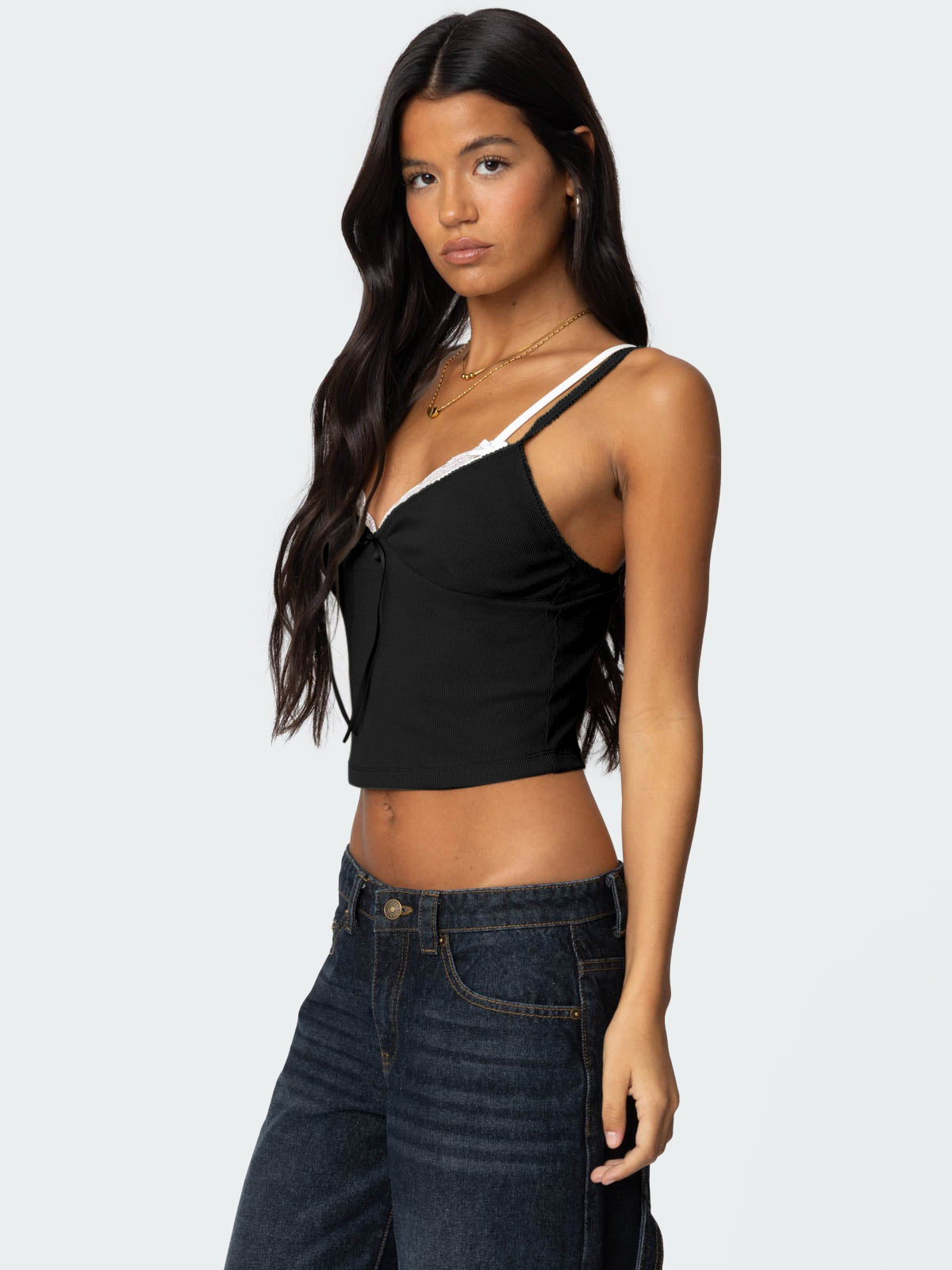 Women's Spring Summer Fashion Contrast Lace Patchwork Double-Strap Camisole with Bow – Slim Fit Faux Two-Piece Top