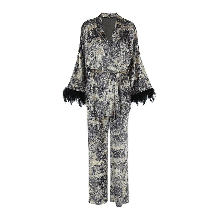 Women’s Autumn & Winter Velvet Loungewear Set – Knitted Long Sleeve Top & Feather-Trim Pants