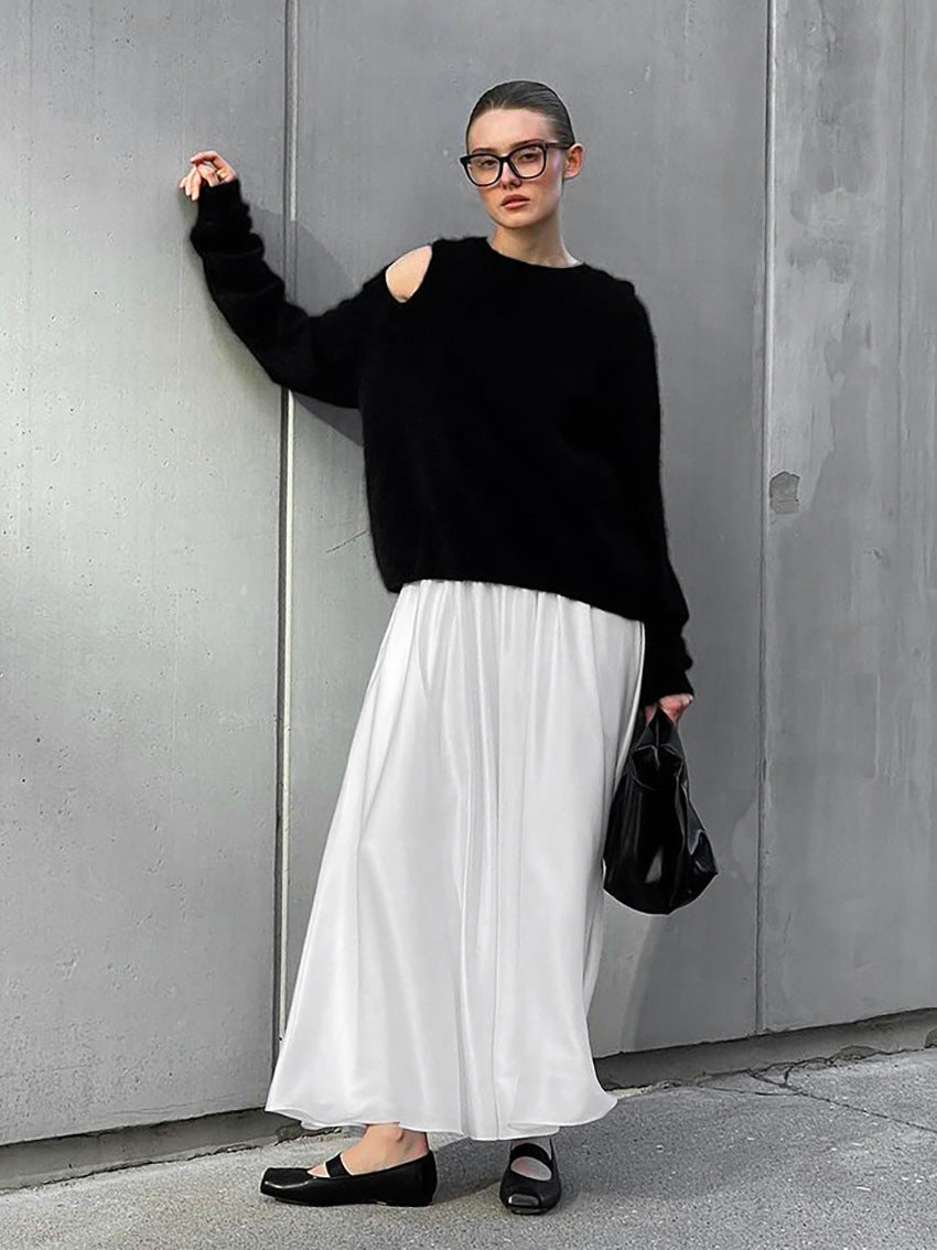 Women's White Satin High-Waist Elastic Waistband Midi Skirt