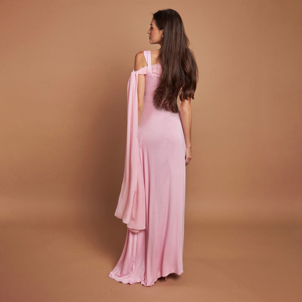 Women's Solid Color Puff Sleeve Pleated Maxi Dress with Asymmetrical Square Neck and Flowing Tie Detail