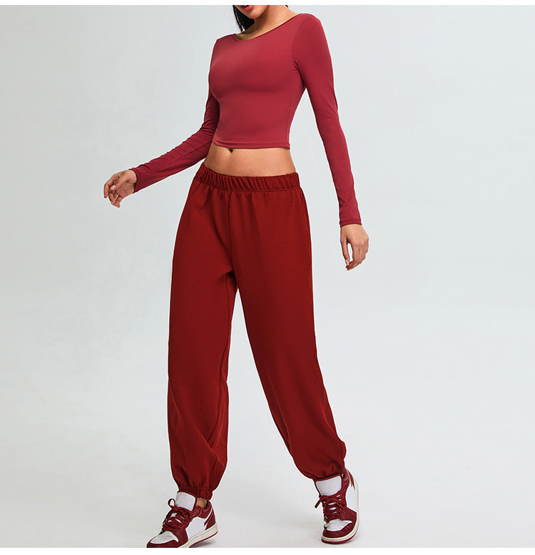 Women's long-sleeved open-back fitness T-shirt