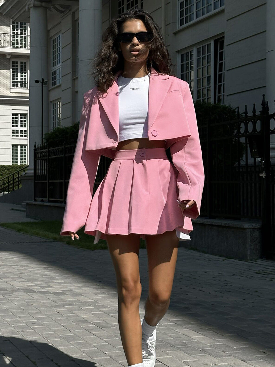 Fashion Sexy Blazer Mini Skirt Set, Shoulder Pad Blazer + Ultra-Short Pleated Skirt