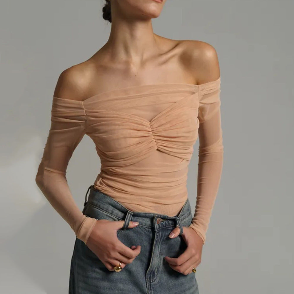 Summer Women's Fashion Off-Shoulder Sheer Mesh Ruched Top