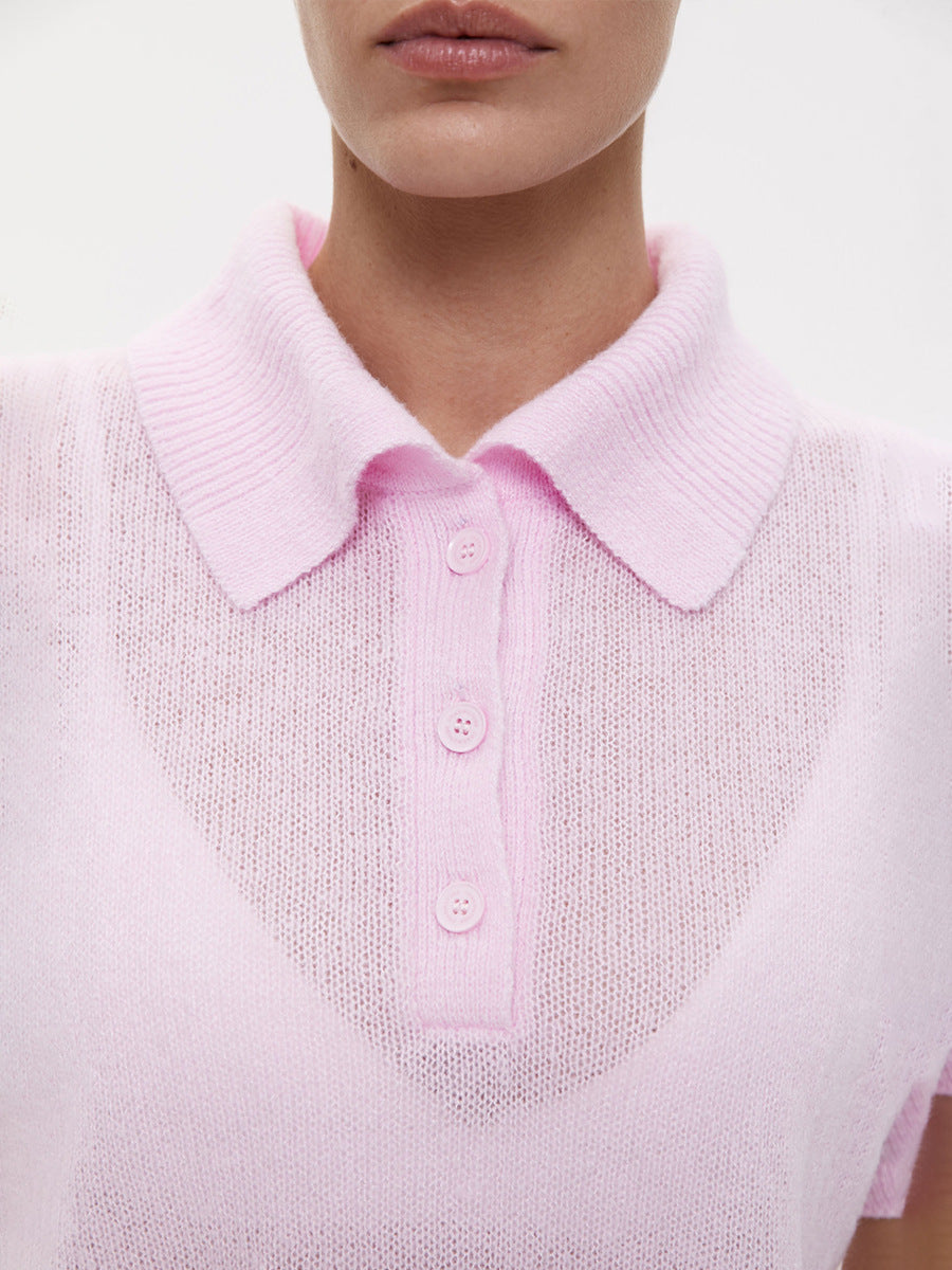 Women’s Spring Summer Mohair Knit T-Shirt Sweater – Short Puff Sleeve Polo Collar Lightweight Top