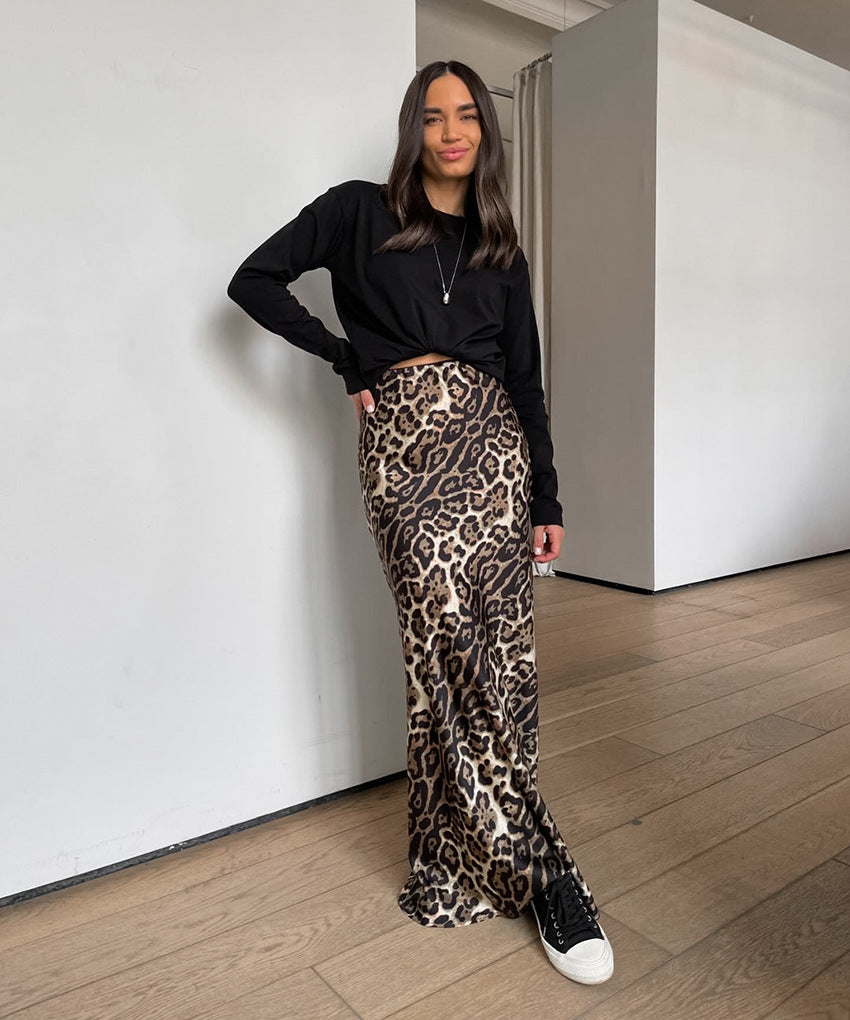 Women's Vintage Satin Sexy Leopard Print Casual Midi Skirt