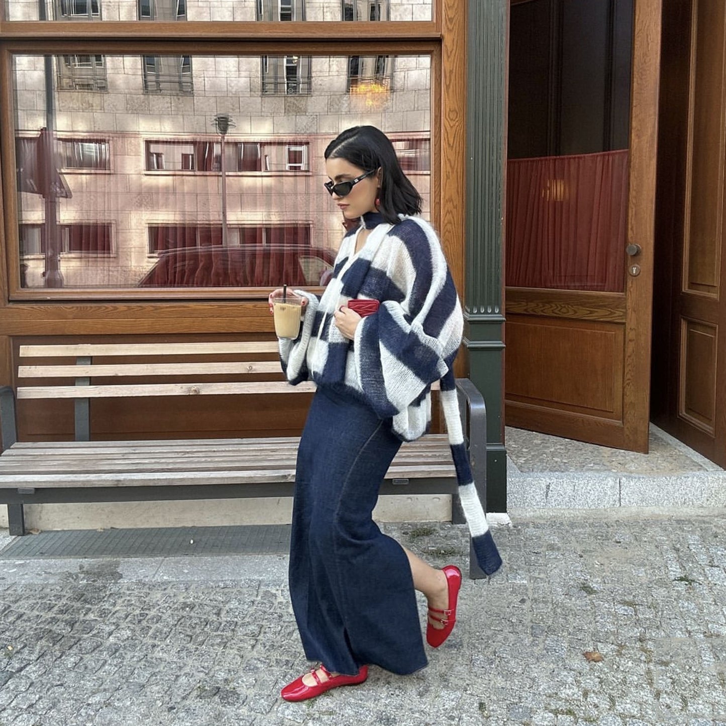 Women's Loose Striped Knit Cardigan with Scarf