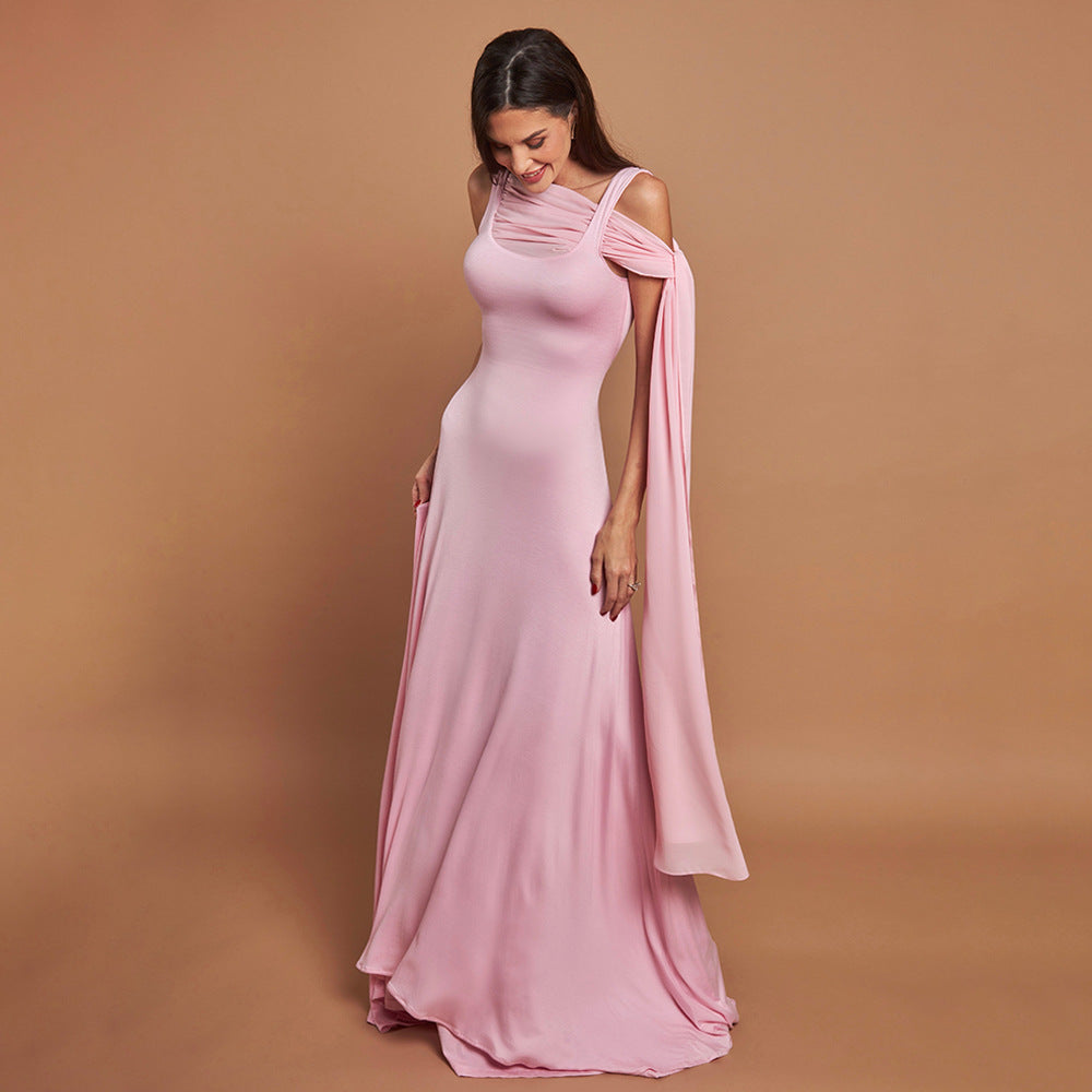Women's Solid Color Puff Sleeve Pleated Maxi Dress with Asymmetrical Square Neck and Flowing Tie Detail