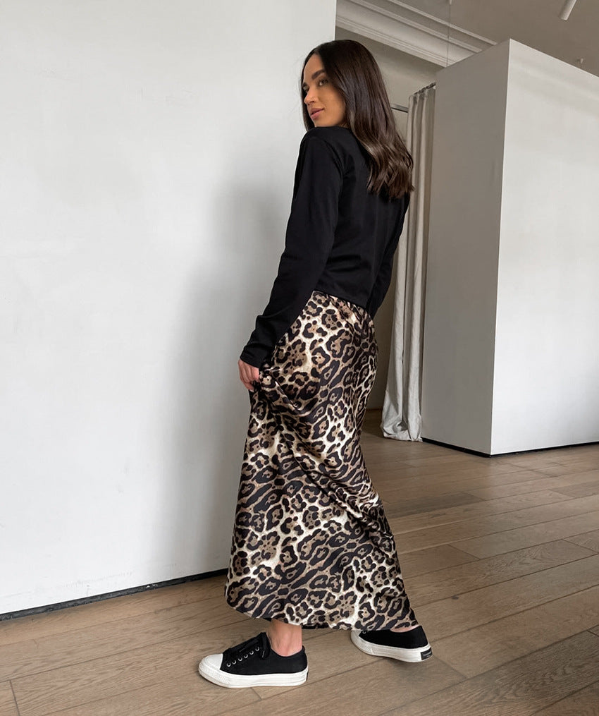 Women's Vintage Satin Sexy Leopard Print Casual Midi Skirt