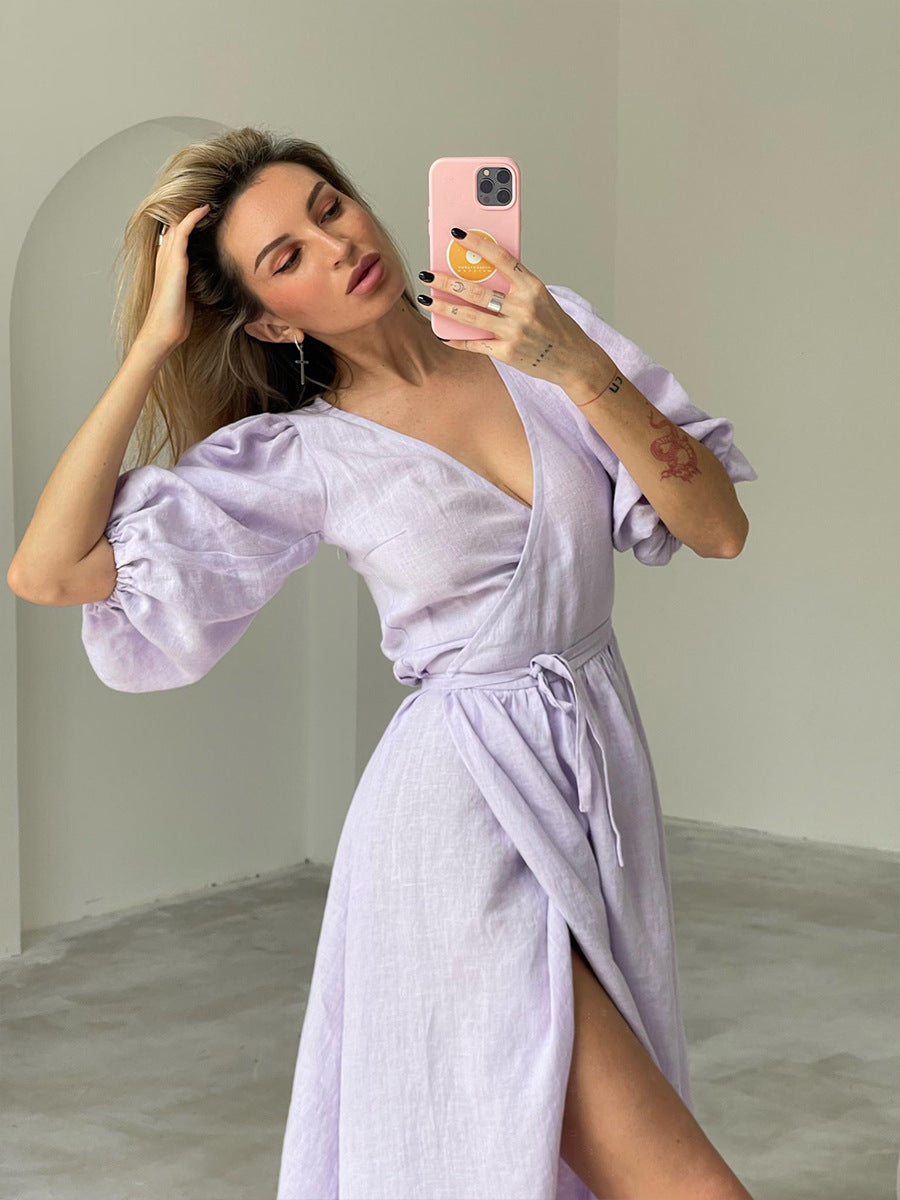 Women's Cotton Tie-Waist Puff Sleeve Midi Dress