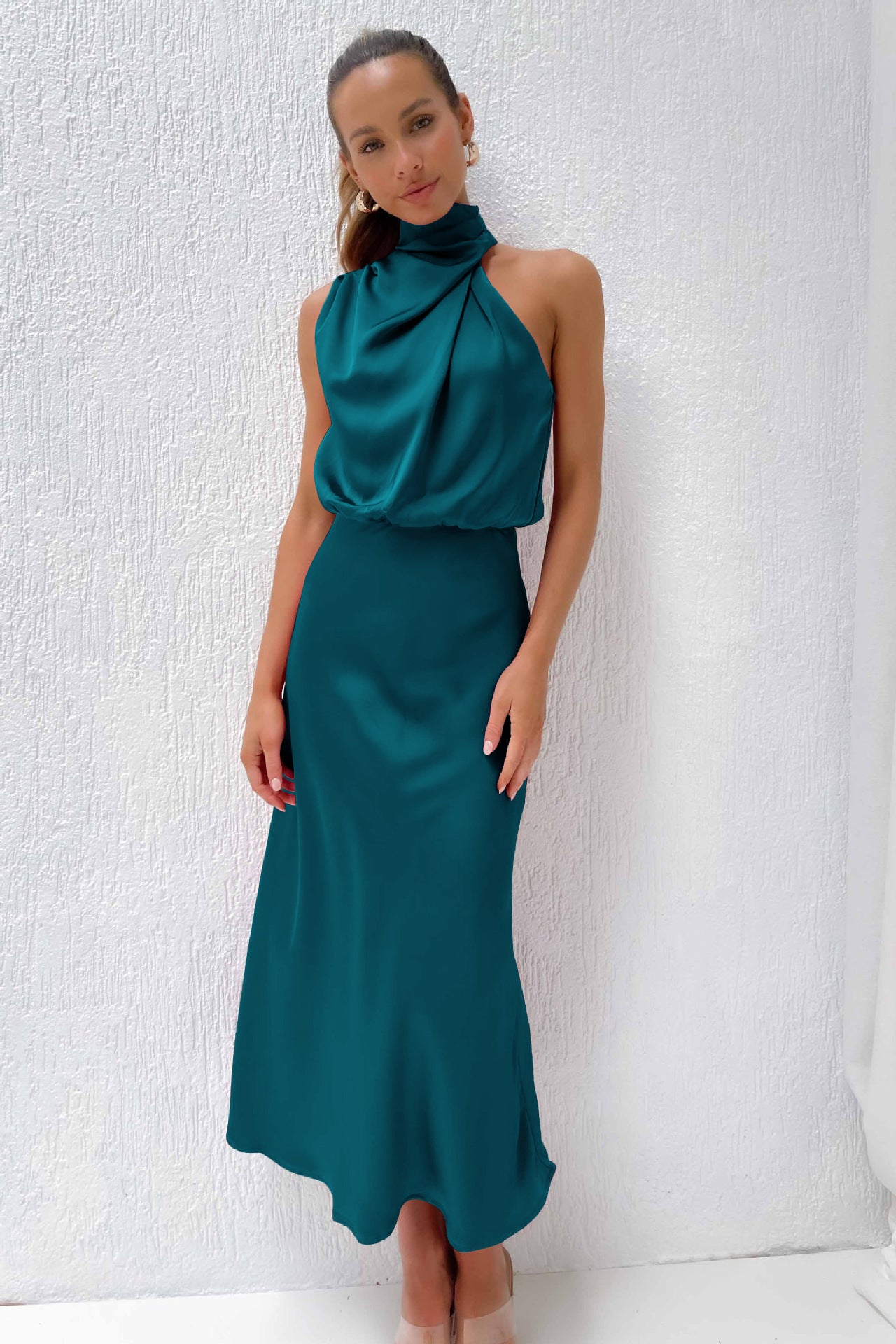 Women's Sleeveless Cocktail Dresses Mock Neck Keyhole Elastic High Waist Wedding Guest Evening Party Maxi Dress