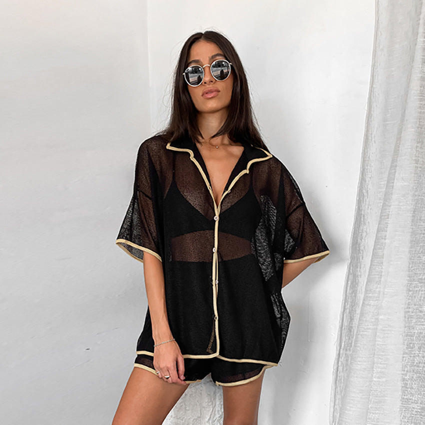 Summer Women's Sexy Sheer Color Block Short Sleeve Shorts Set