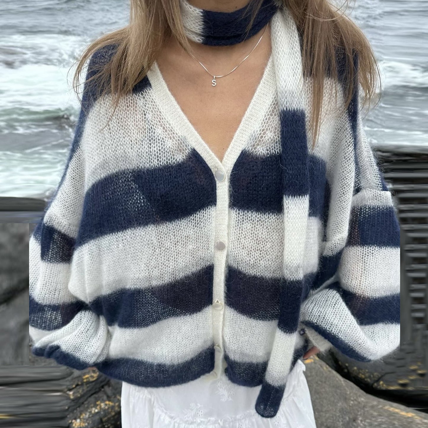 Women's Loose Striped Knit Cardigan with Scarf