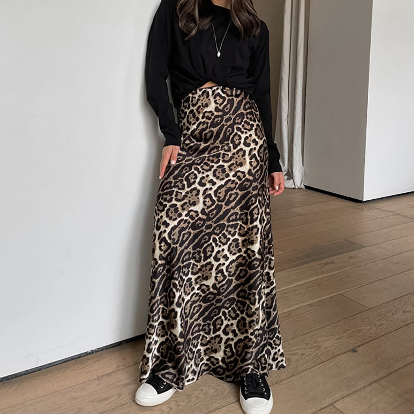 Women's Vintage Satin Sexy Leopard Print Casual Midi Skirt