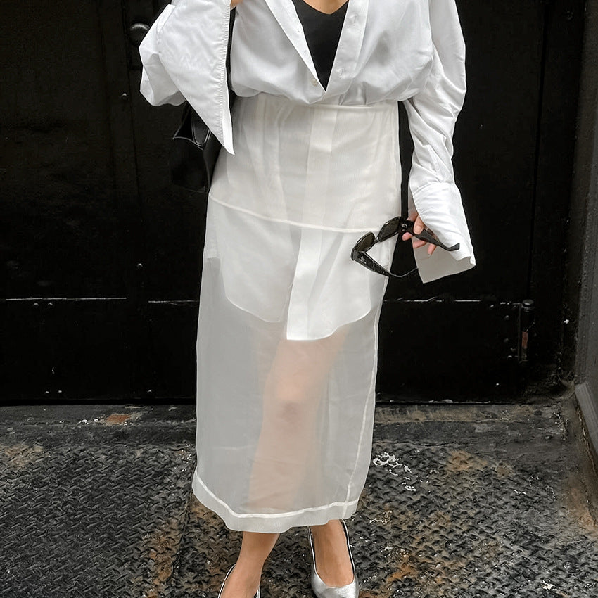 Women’s Sheer White Mesh High-Waisted Loose Straight Skirt