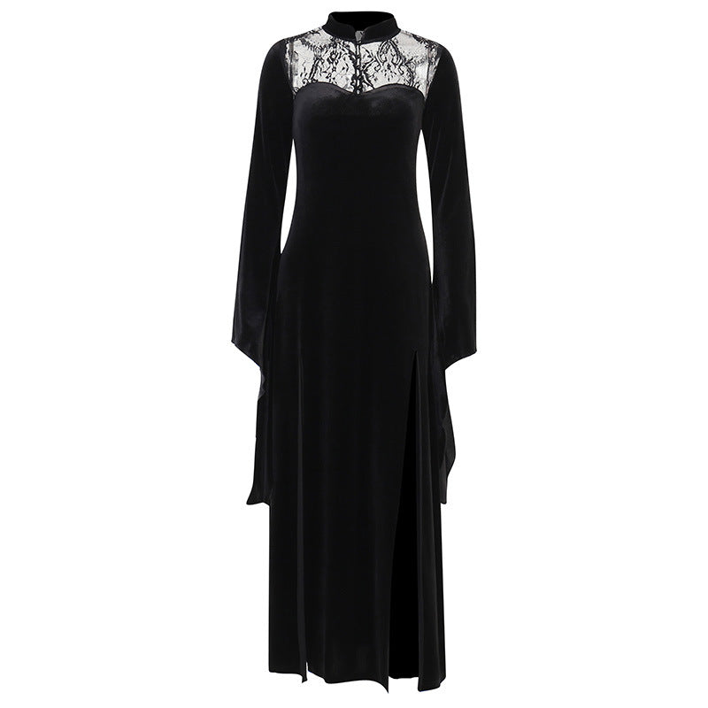 Gothic Contrast Lace Solid Dress, Gothic Flared Sleeve Maxi Halloween Dress