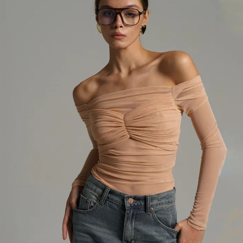 Summer Women's Fashion Off-Shoulder Sheer Mesh Ruched Top