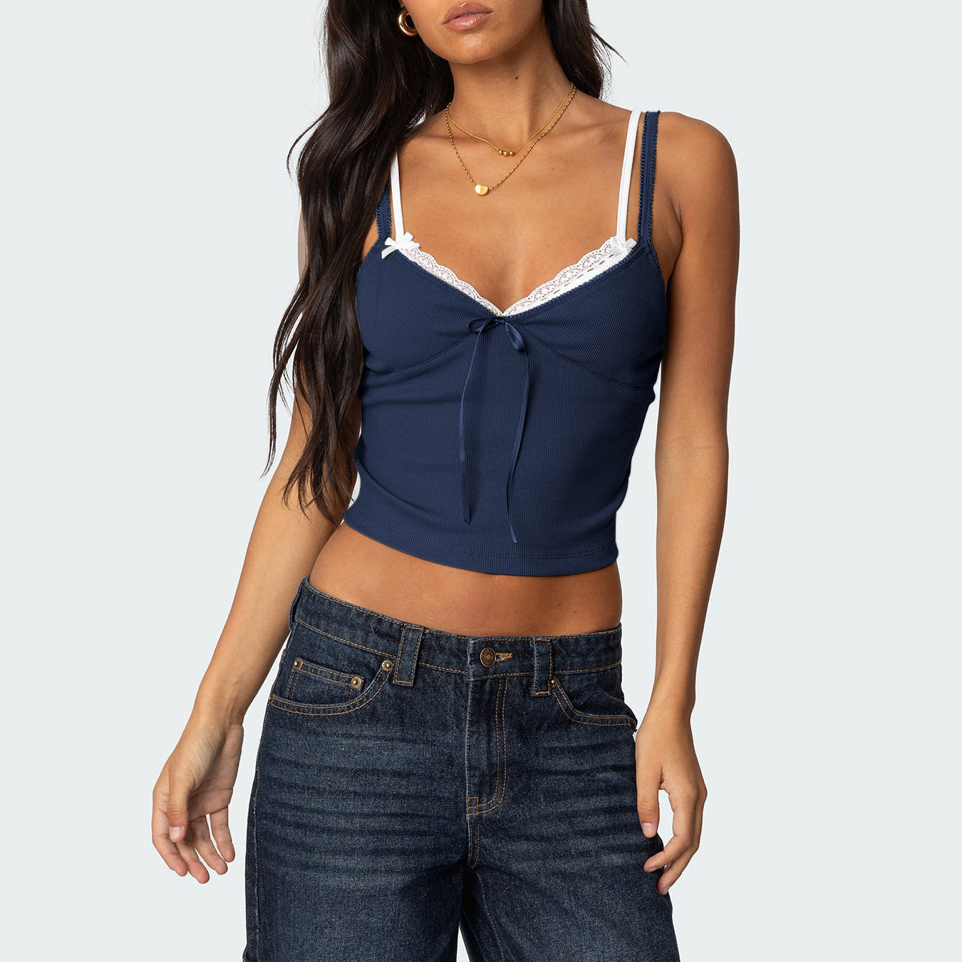 Women's Spring Summer Fashion Contrast Lace Patchwork Double-Strap Camisole with Bow – Slim Fit Faux Two-Piece Top