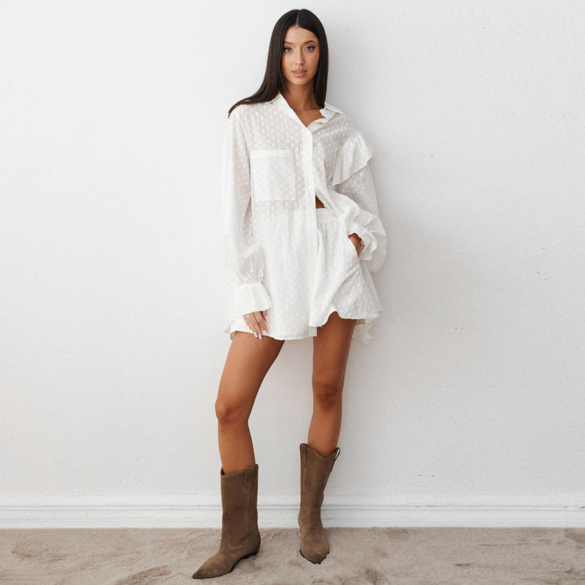 Summer Cotton Ruffle Long Sleeve Shirt and Shorts Set, Women's Loungewear Outerwear Two-Piece