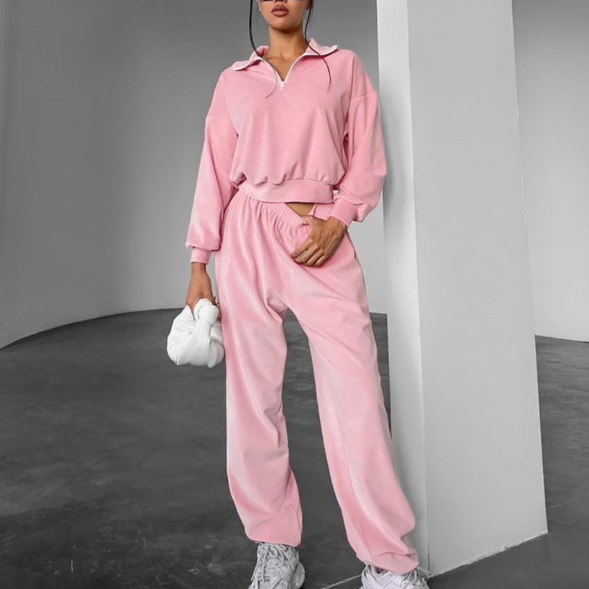 Women's Pink Velvet Knit High-Waisted Pencil Pants Sports Casual Set