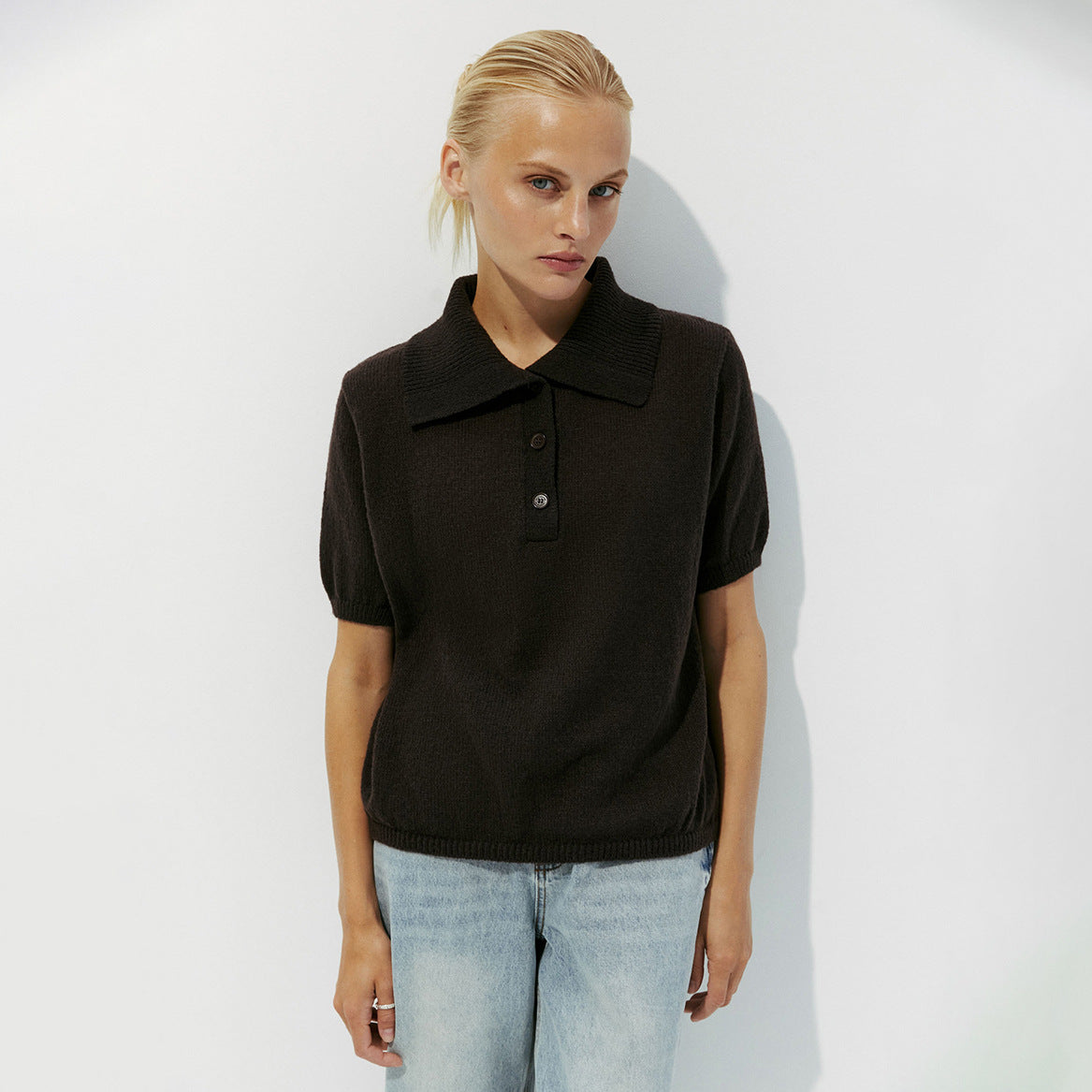 Women’s Spring Summer Mohair Knit T-Shirt Sweater – Short Puff Sleeve Polo Collar Lightweight Top