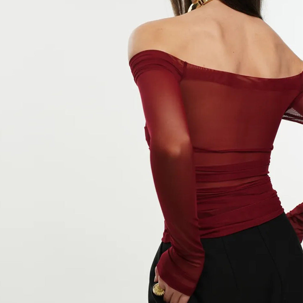 Summer Women's Fashion Off-Shoulder Sheer Mesh Ruched Top