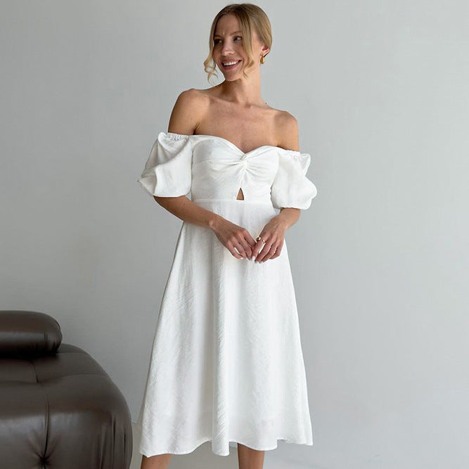 Women's Square Neck Slim Puff Sleeve A-line Dress