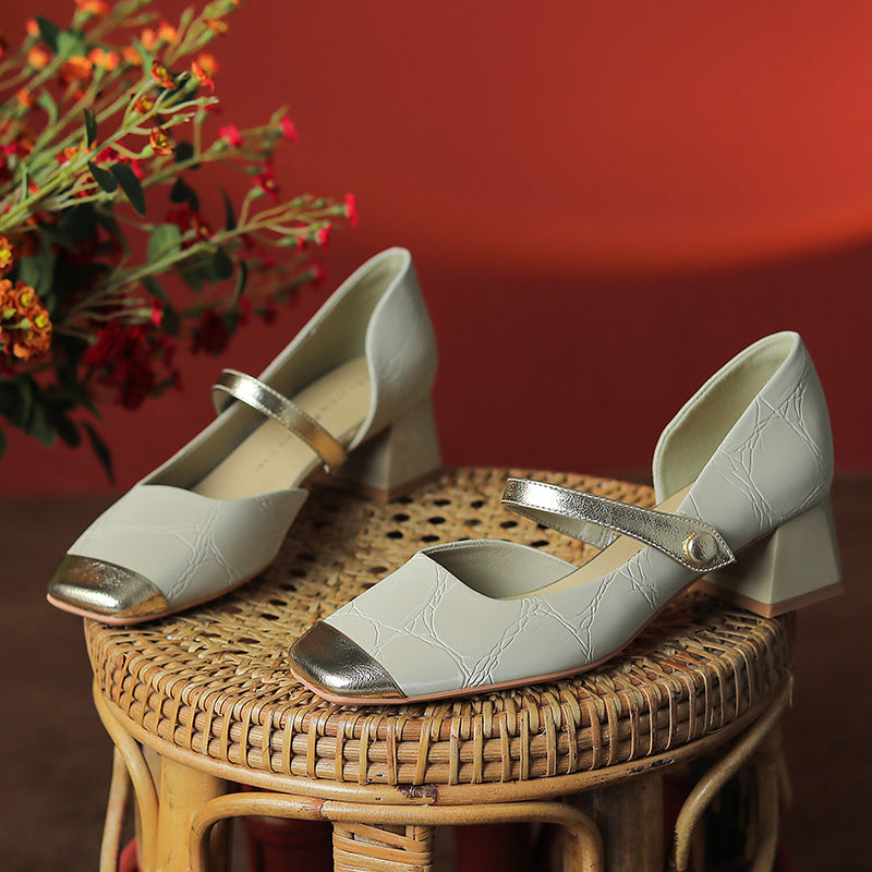 Vintage French Color Block Mary Jane Shoes with Chunky Heels