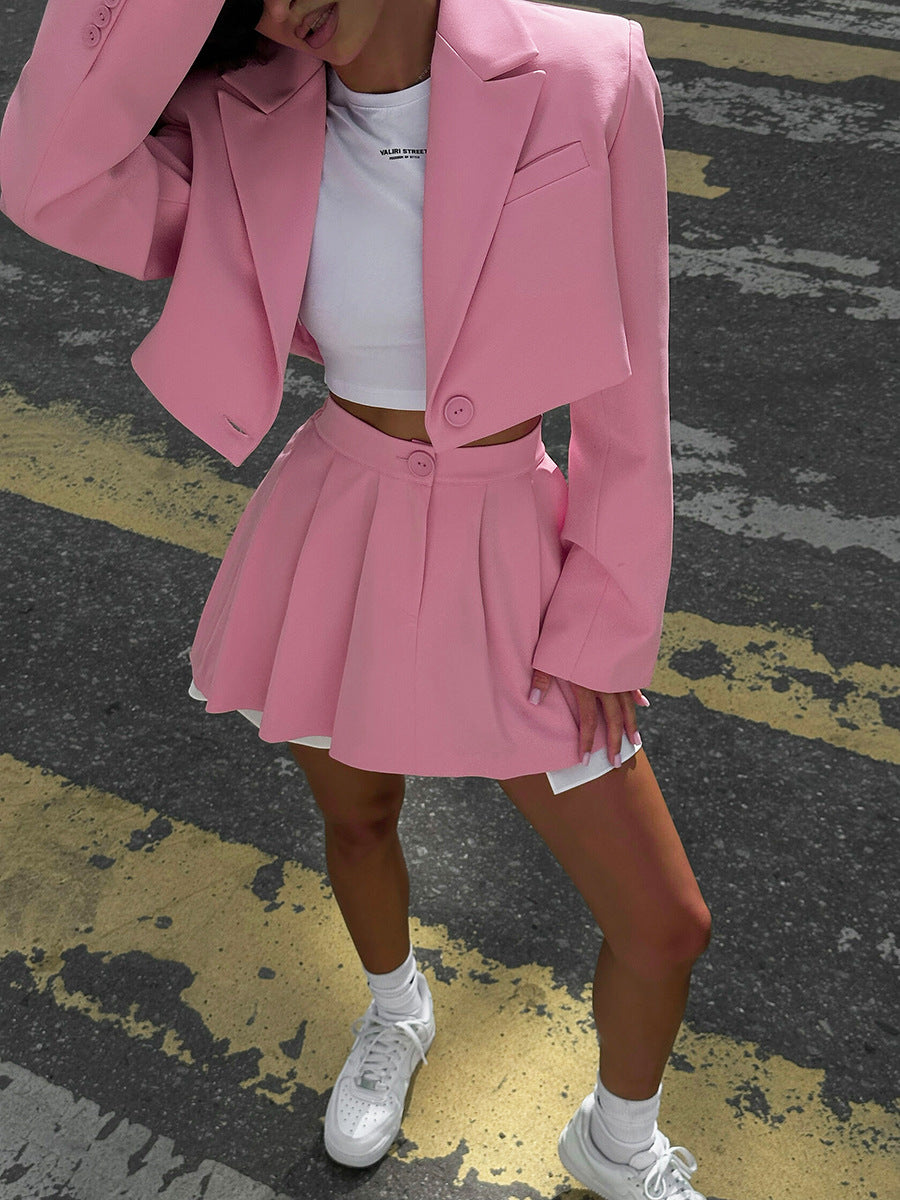 Fashion Sexy Blazer Mini Skirt Set, Shoulder Pad Blazer + Ultra-Short Pleated Skirt