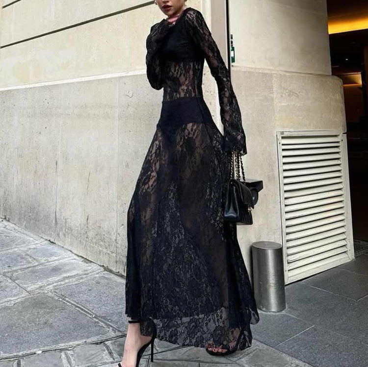 Summer Sexy Black Lace Round Neck Long Sleeve Asymmetrical Slit Dress