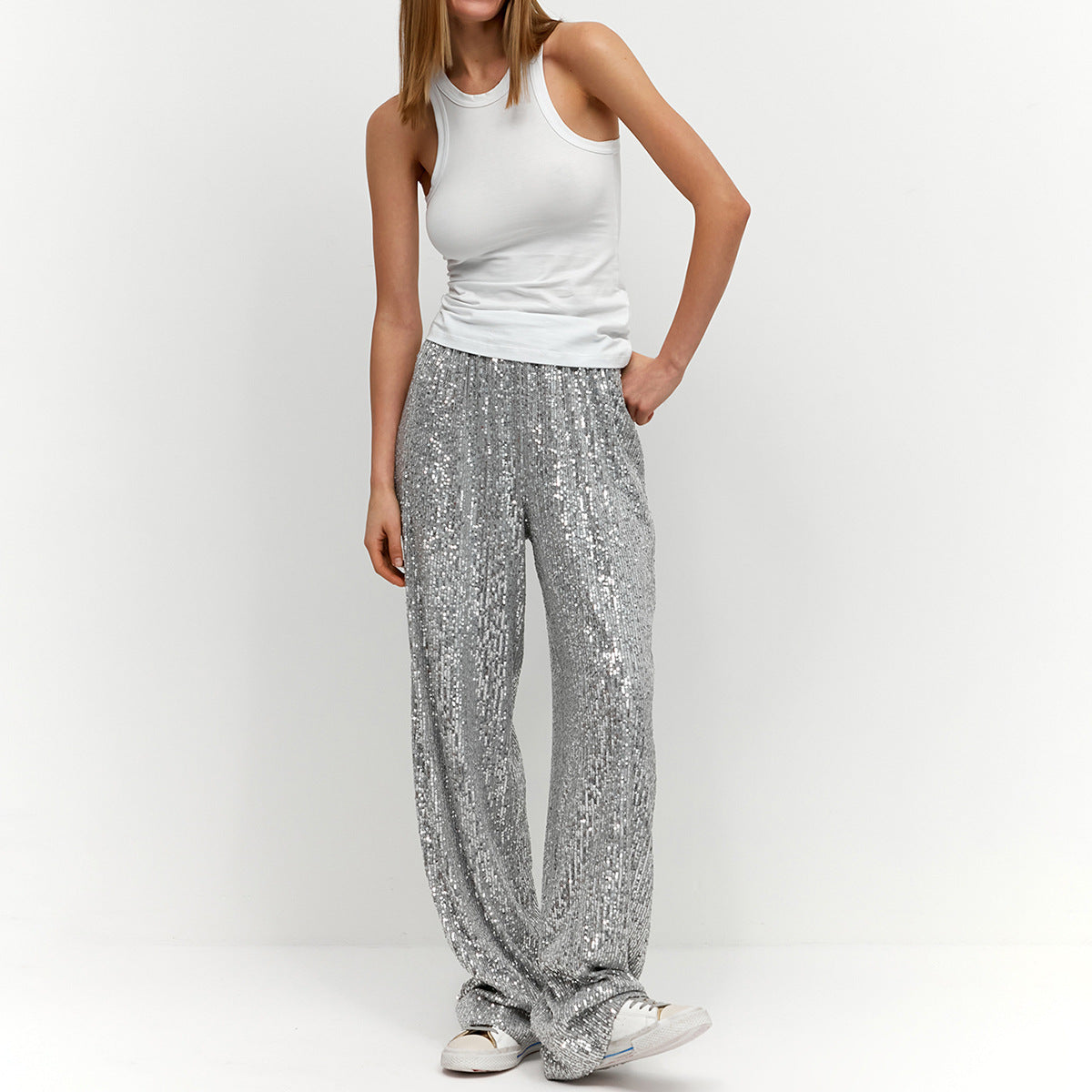 Sparkle Sequin Long Loose and High Waist Long Pants