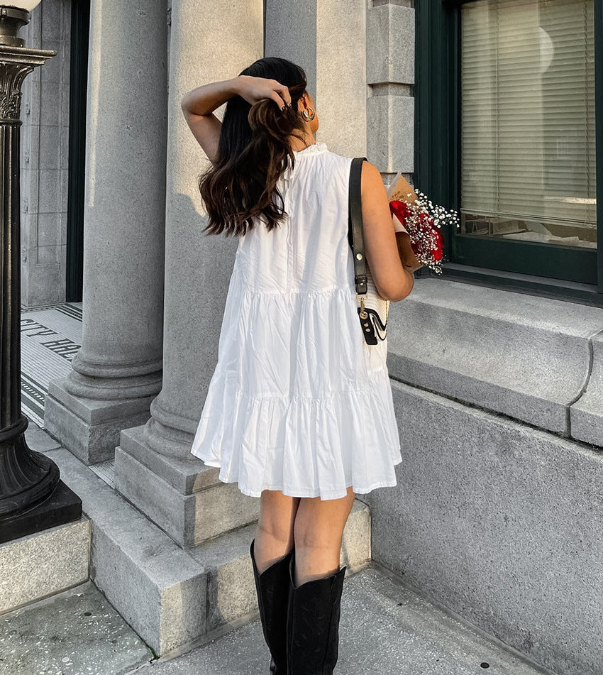 Women's Spring and Summer Versatile White Round Neck Bow Tie Short Dress