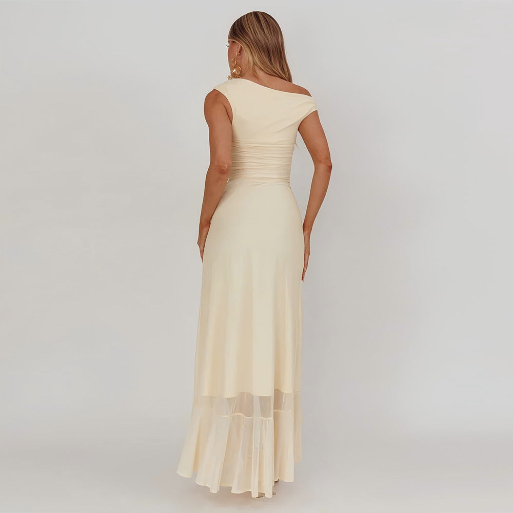 Summer Women's Solid Color Asymmetrical Neck Ruffled Split Waist Slim Dress
