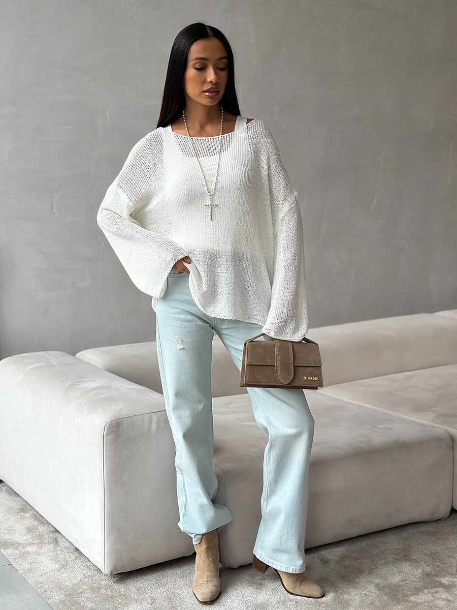 Women's Spring Summer Solid Color Knit Sweater – Loose Fit Long Sleeve Pullover with Hollow-Out and Draped Hem