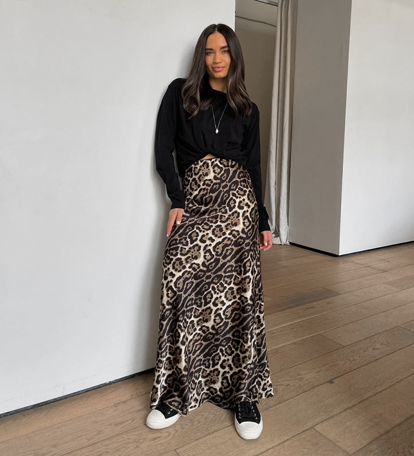 Women's Vintage Satin Sexy Leopard Print Casual Midi Skirt
