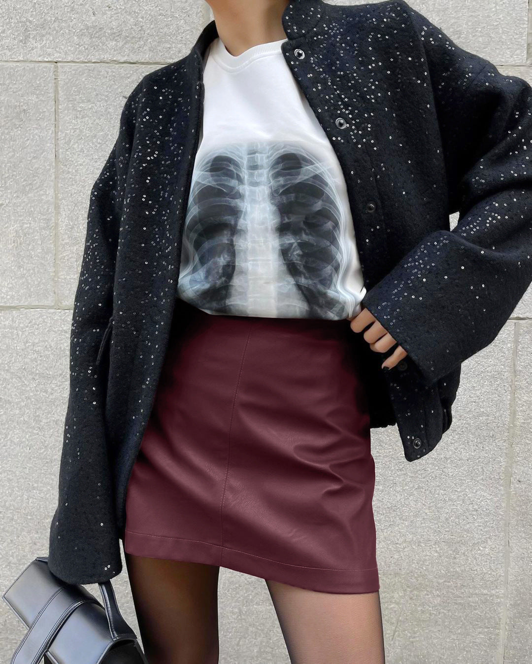 Women's Vintage Burgundy Fleece-Lined Matte PU Leather High-Waist Skirt