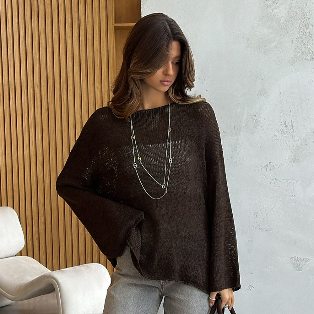 Women's Spring Summer Solid Color Knit Sweater – Loose Fit Long Sleeve Pullover with Hollow-Out and Draped Hem