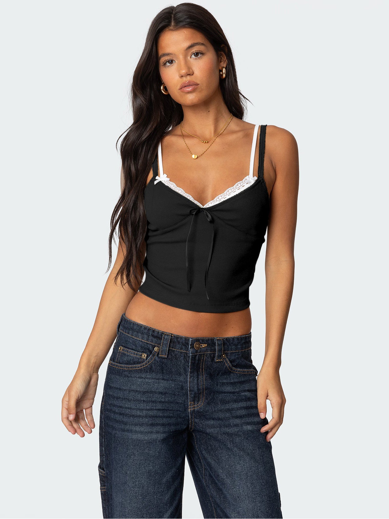 Women's Spring Summer Fashion Contrast Lace Patchwork Double-Strap Camisole with Bow – Slim Fit Faux Two-Piece Top
