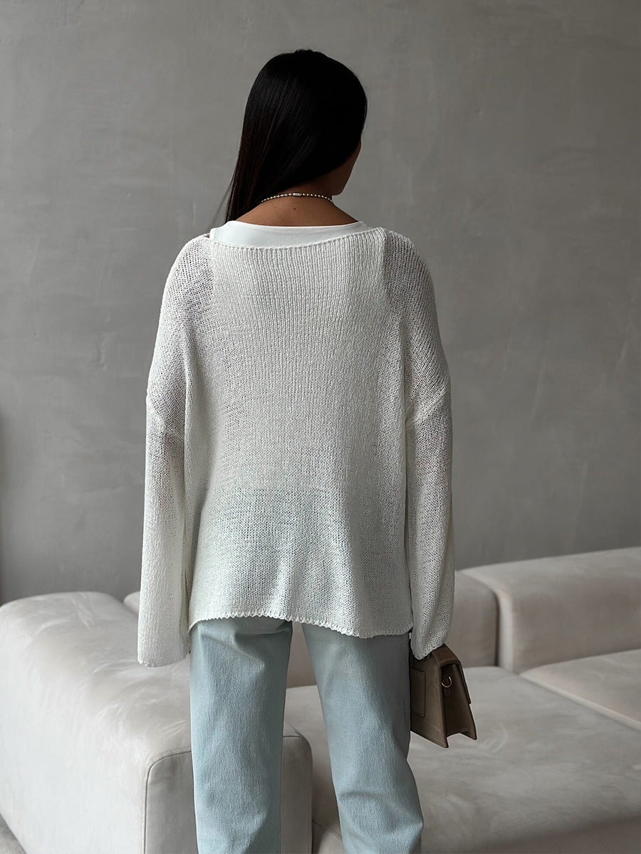 Women's Spring Summer Solid Color Knit Sweater – Loose Fit Long Sleeve Pullover with Hollow-Out and Draped Hem