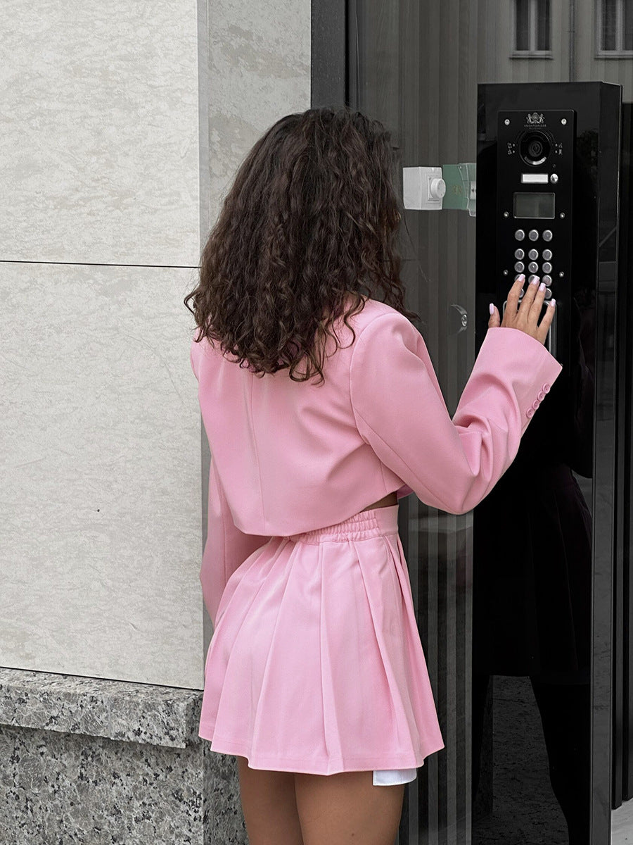 Fashion Sexy Blazer Mini Skirt Set, Shoulder Pad Blazer + Ultra-Short Pleated Skirt