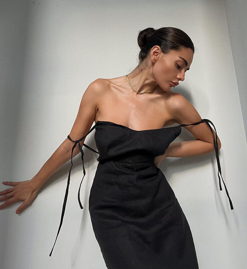 Summer Women's French Style Cotton Linen Sexy Strappy Tie V-Neck Backless Dress