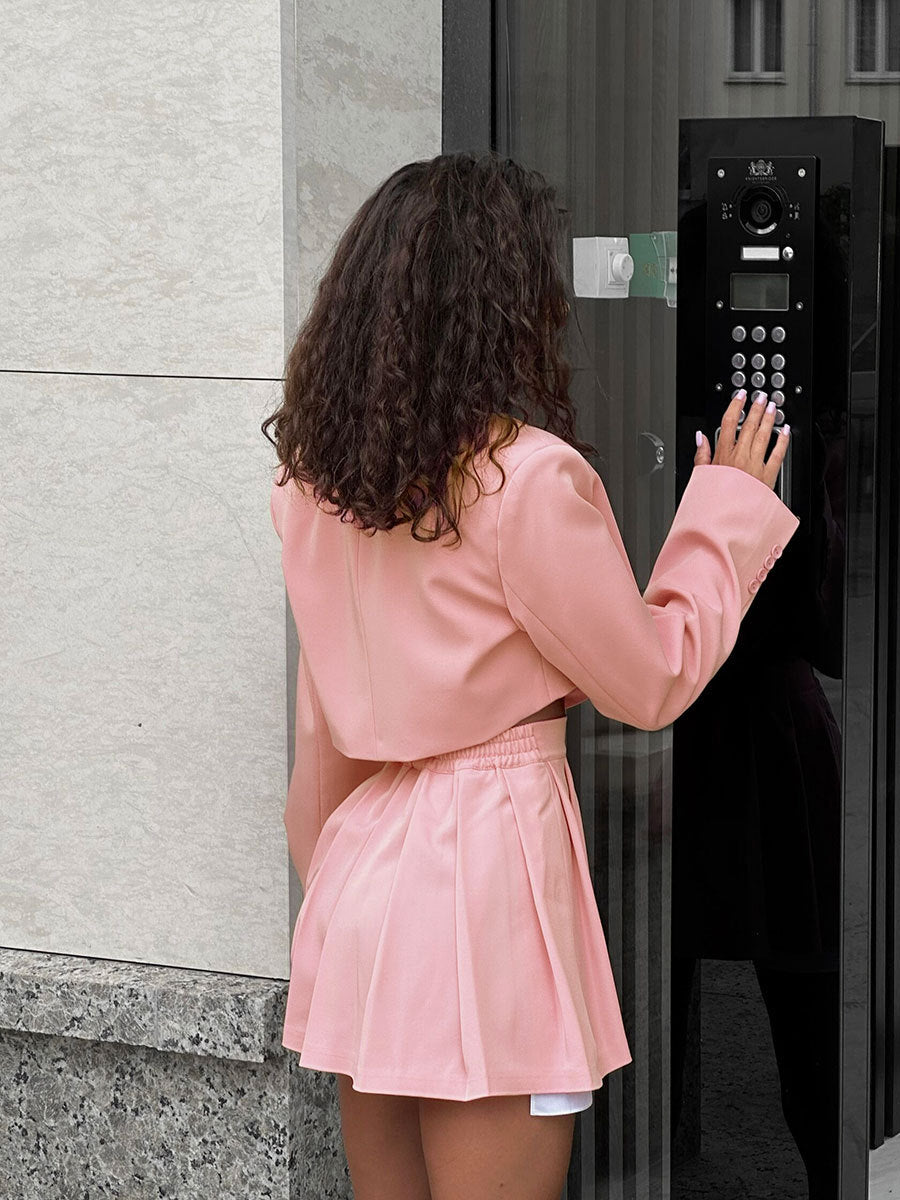 Fashion Sexy Blazer Mini Skirt Set, Shoulder Pad Blazer + Ultra-Short Pleated Skirt
