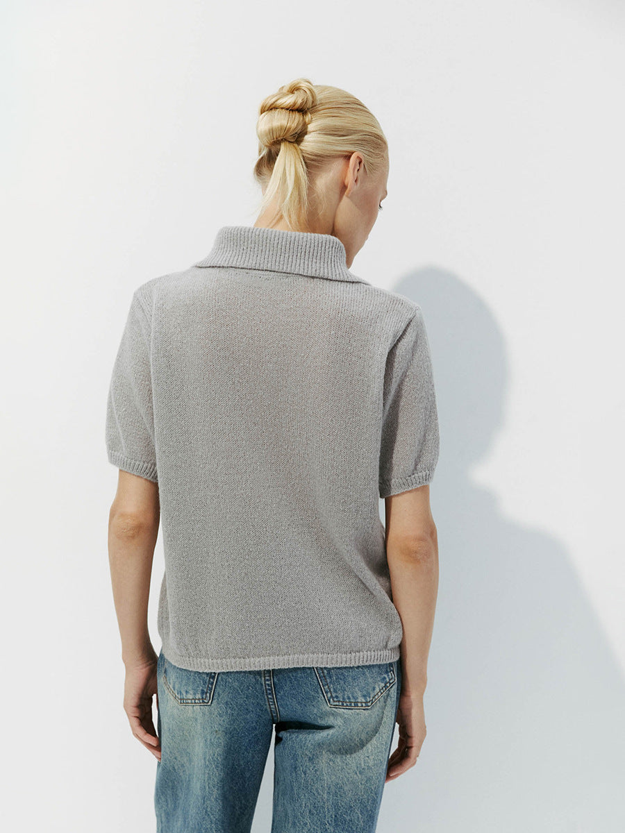 Women’s Spring Summer Mohair Knit T-Shirt Sweater – Short Puff Sleeve Polo Collar Lightweight Top
