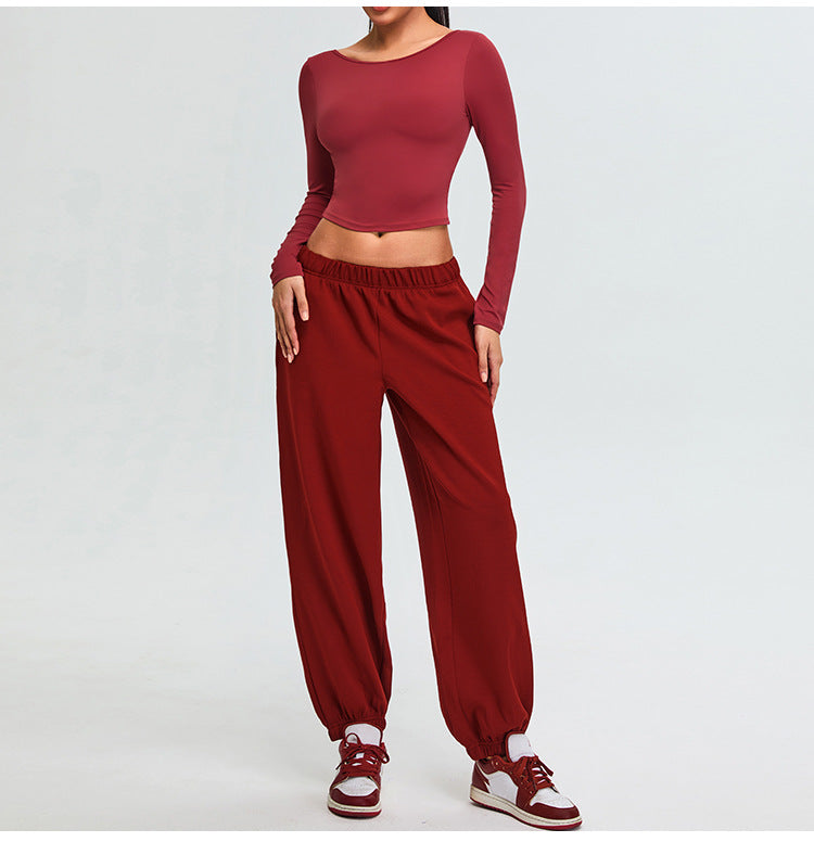 Women's long-sleeved open-back fitness T-shirt